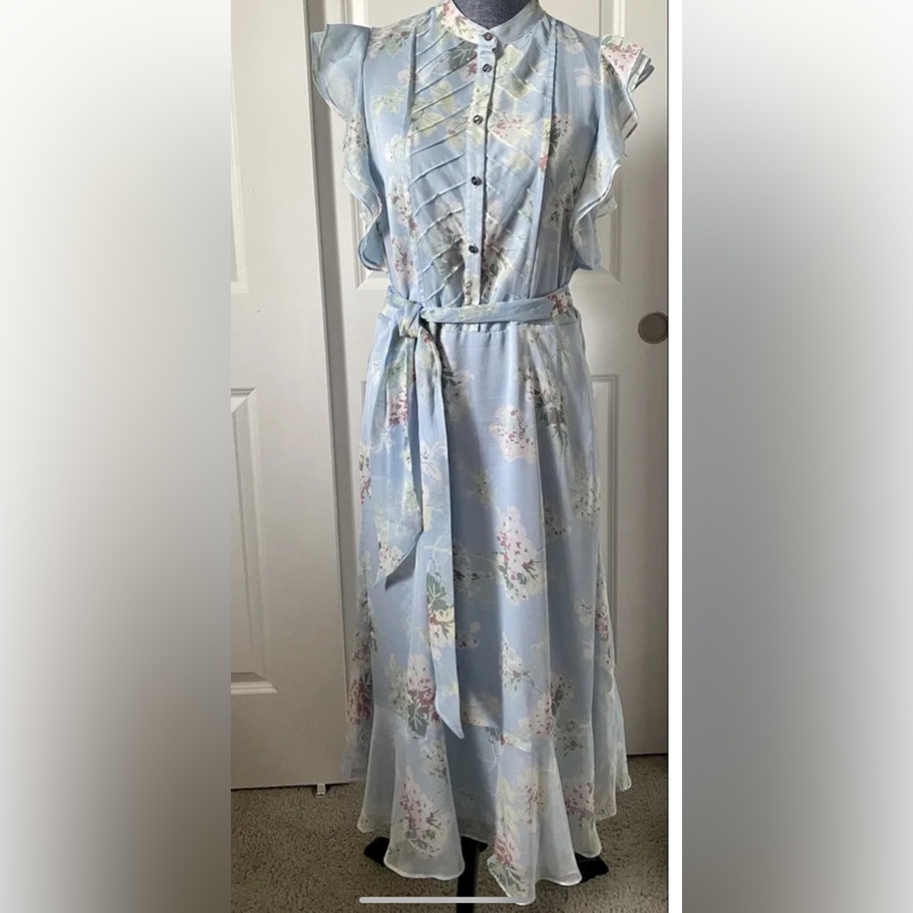 Lauren Ralph Lauren Women's Light Blue Cap Sleeve Midi Pauldina Floral Dress 8